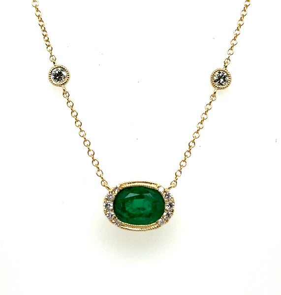 1.39 Cttw 14kt Yellow Gold Oval Emerald And Diamond Necklace