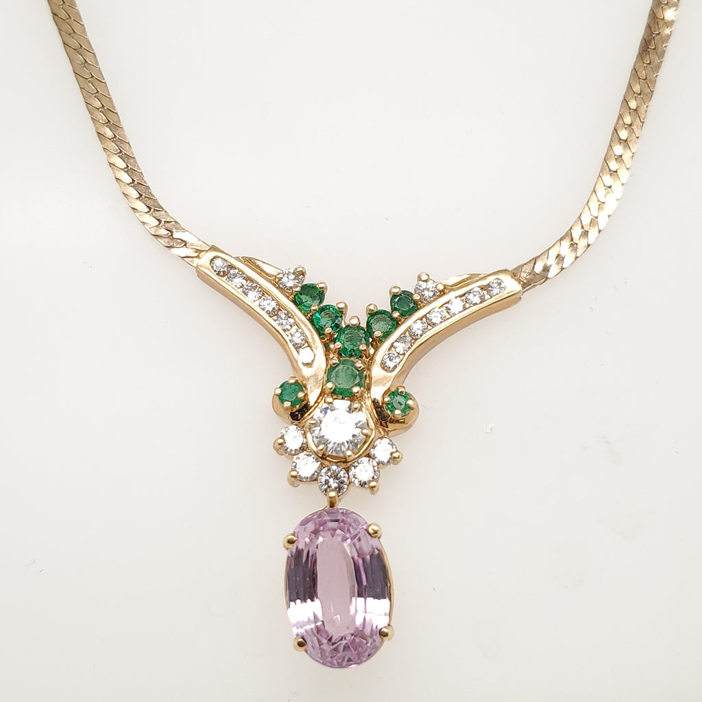 14kt Yellow Gold Kunzite emerald and Diamond Necklace