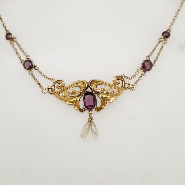 Art Nouveau 10kt Yellow Gold Amethyst and Pearl Festoon Necklace