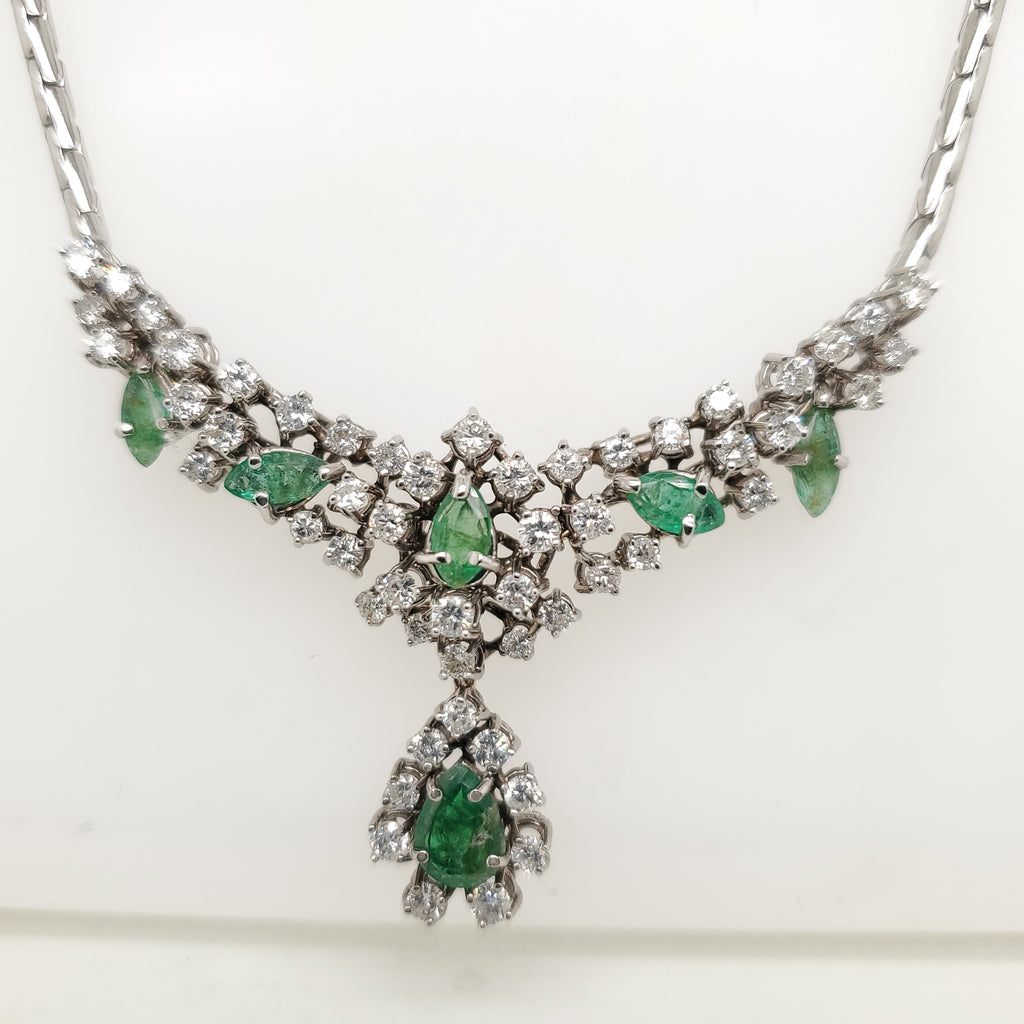 Vintage 18Kt White Gold Emerald And Diamond Collar Necklace