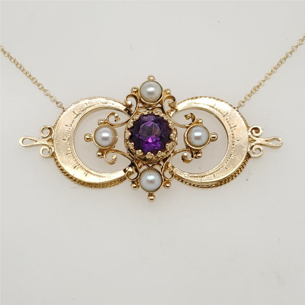 Vintage 14kt Yellow Gold Amethyst and Pearl Necklace