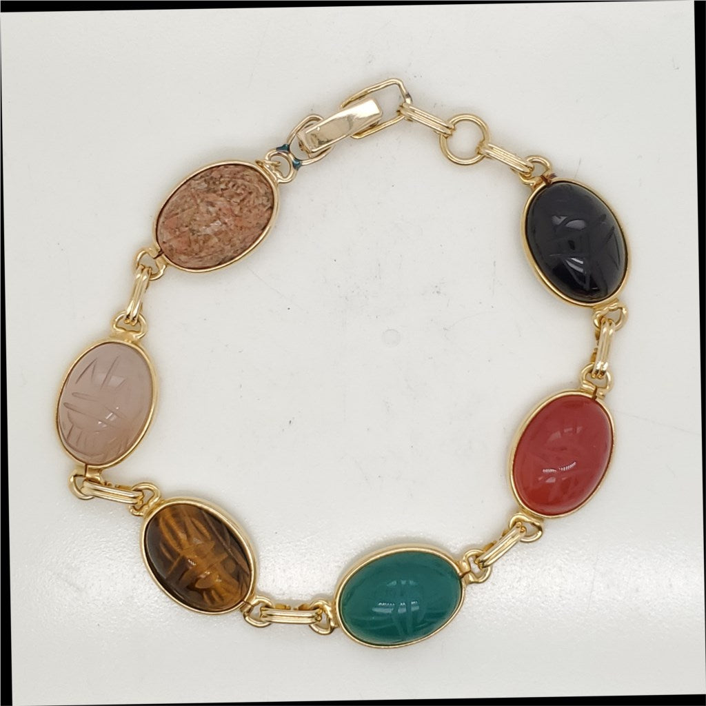Vintage Mid-Cenury 14kt Yellow Gold and Gemstone Scarab Bracelet