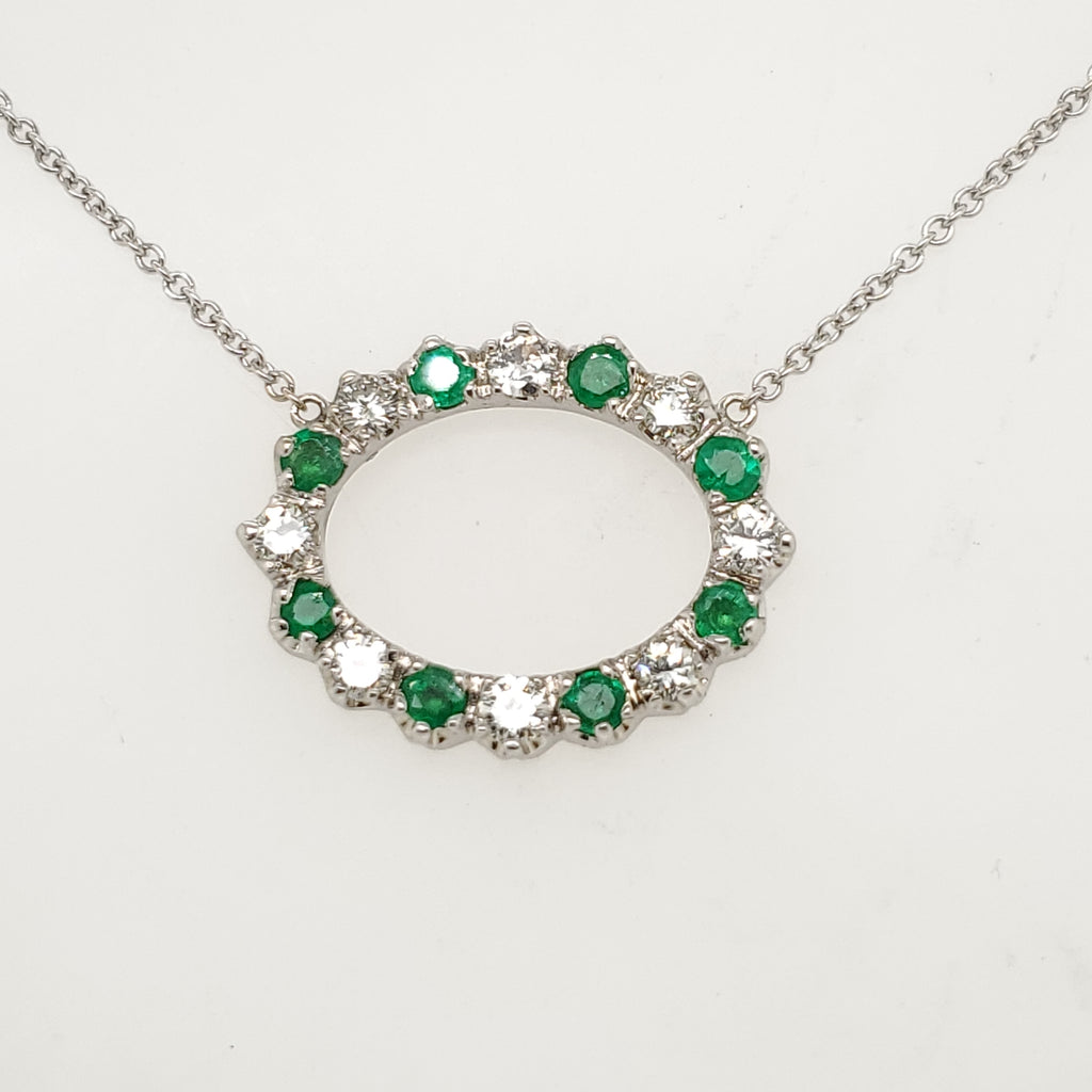14kt White Gold Emerald and Diamond East West Necklace