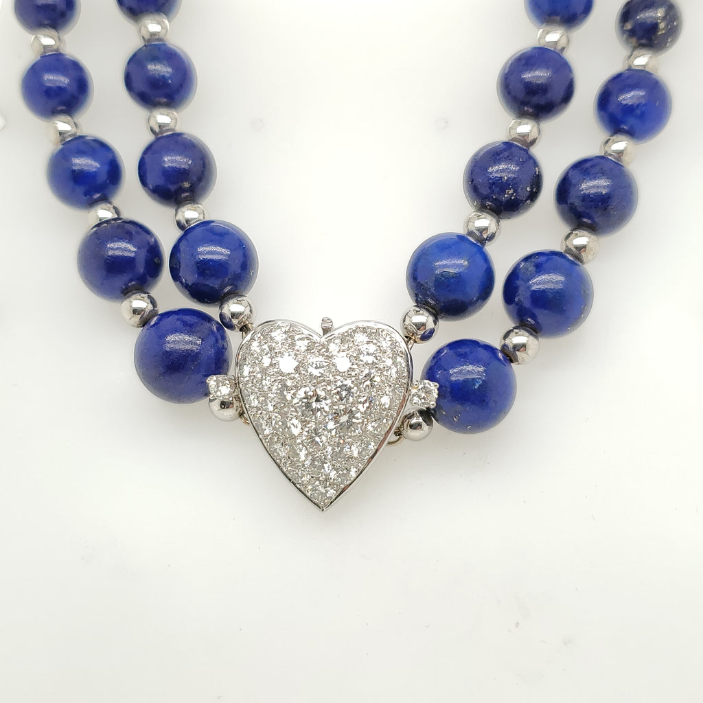 Platinum Lapis and Diamond Double Strand Neckalce