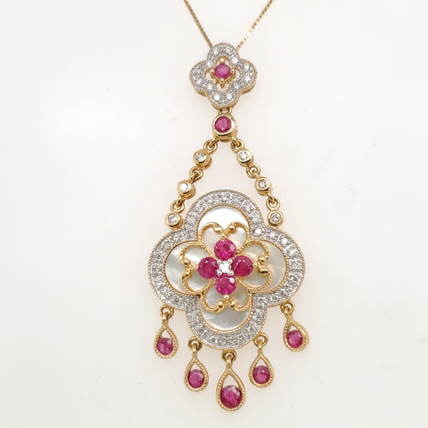 14kt Yellow Gold Mother of Pearl Ruby and Diamond Pendant Necklace