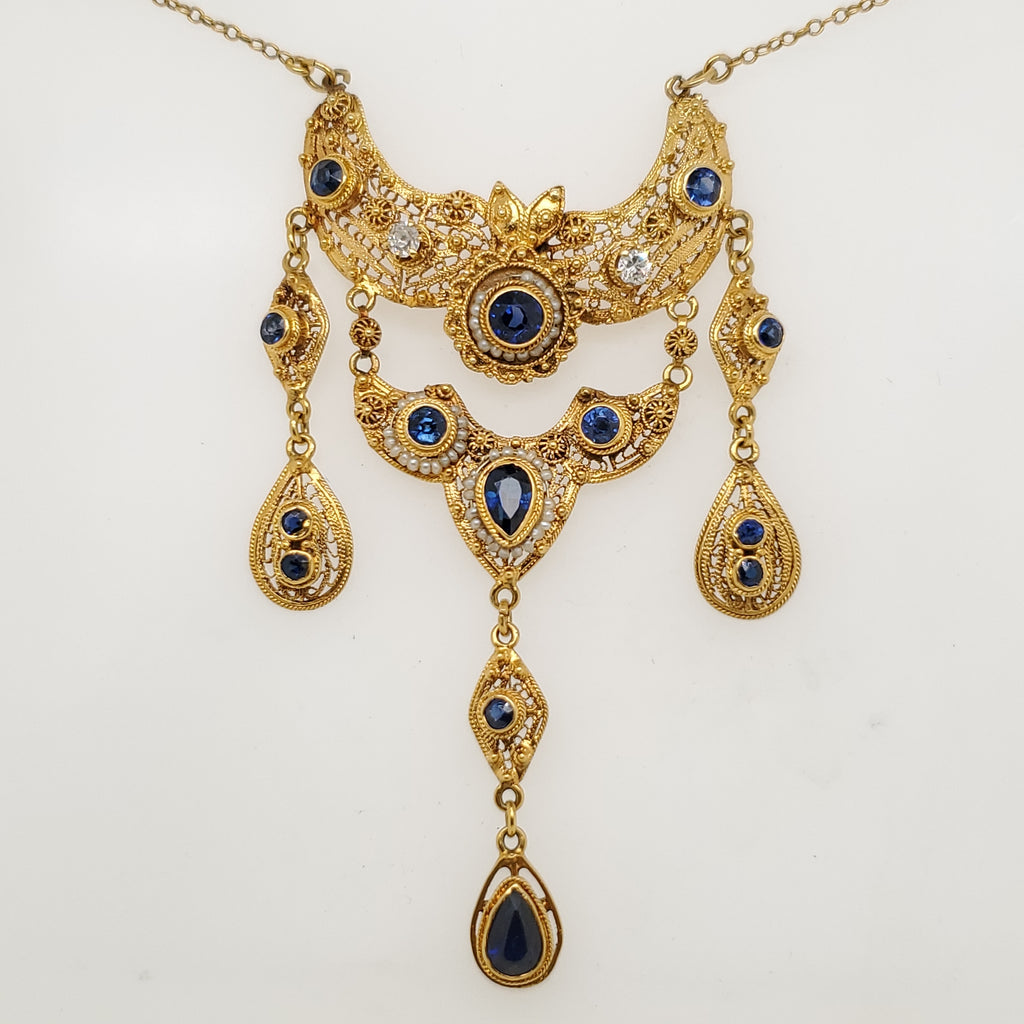 Vintage 18kt Yellow Gold Sapphire and Diamond Necklace