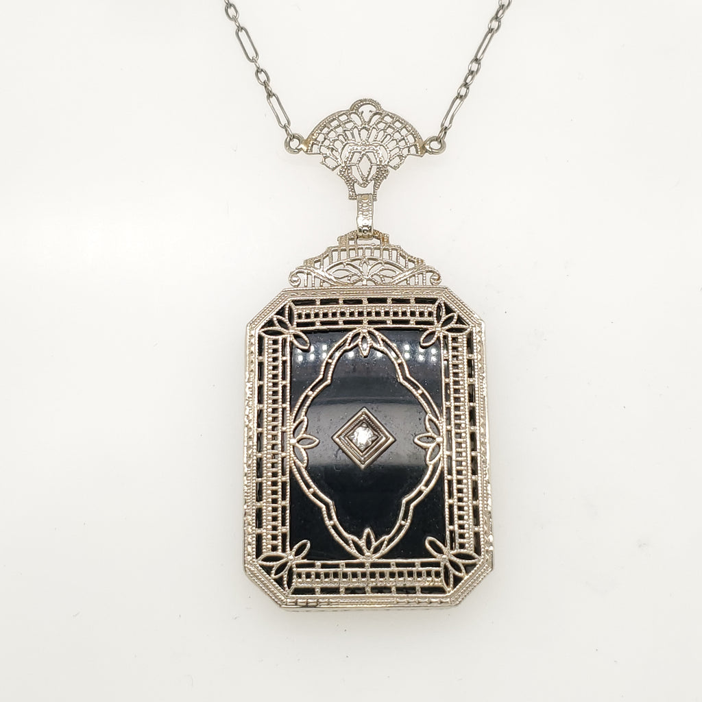 Art Deco 14kt White Gold Onyx and Diamond Pendant