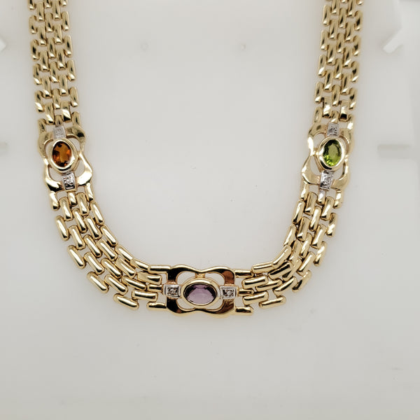 14kt Yellow Gold Panther Link Necklace With Gemstones