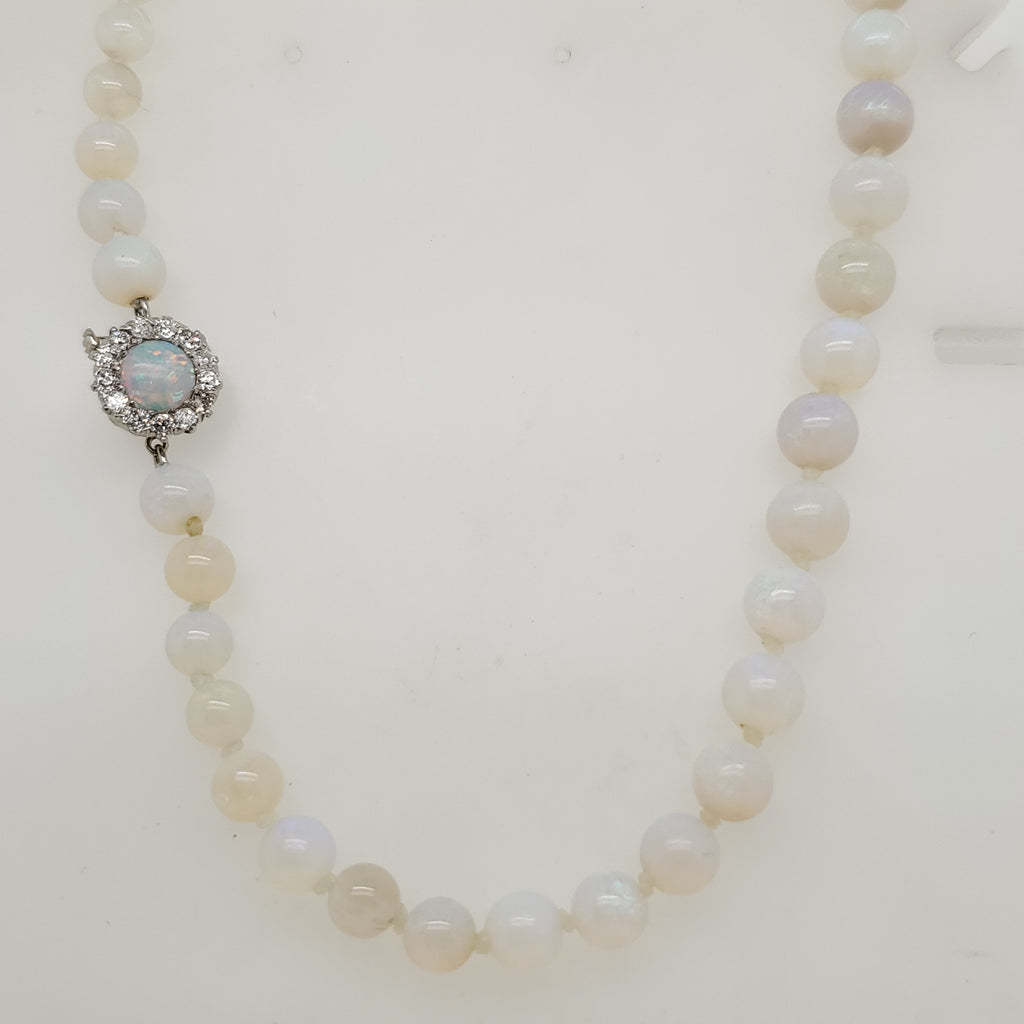 14kt White Gold Opal Bead Necklace With Opal and Diamond Clasp