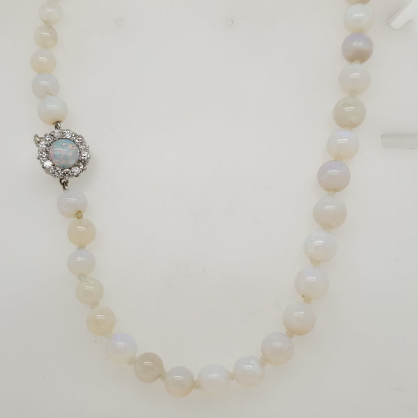 14kt White Gold Opal Bead Necklace With Opal and Diamond Clasp
