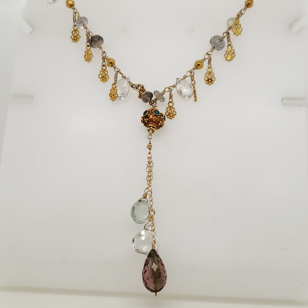 Hand Made 14Kt And 22Kt Yellow Gold Gem Stone Lariat Style Necklace