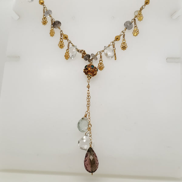 Hand Made 14Kt And 22Kt Yellow Gold Gem Stone Lariat Style Necklace