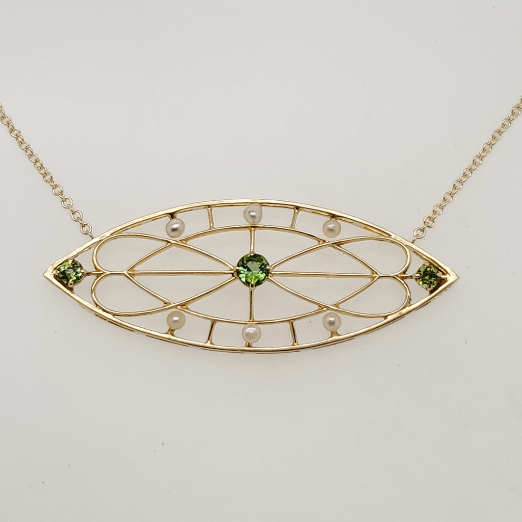 Art Deco 14kt Yellow Gold Green Tourmaline and Pearl Filigree Necklace