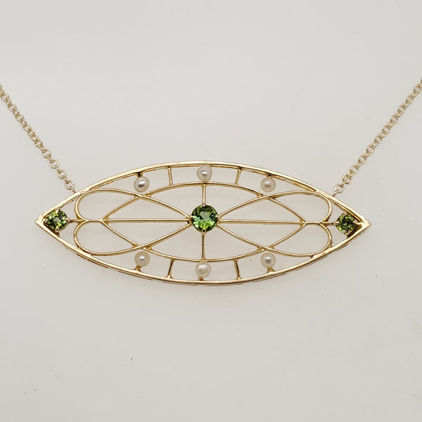 Art Deco 14kt Yellow Gold Green Tourmaline and Pearl Filigree Necklace