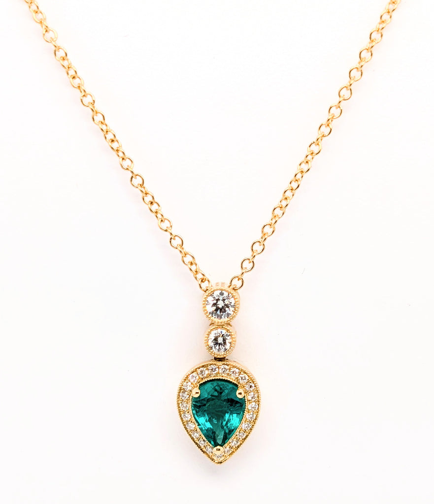 14K Yellow Gold 0.99ct Pear Shaped Emerald and Round Diamond Halo Pendant Necklace 0.33cttw