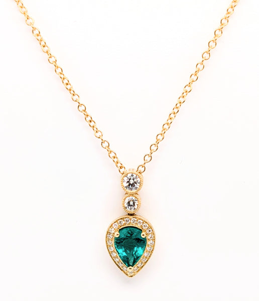 14K Yellow Gold 0.99ct Pear Shaped Emerald and Round Diamond Halo Pendant Necklace 0.33cttw