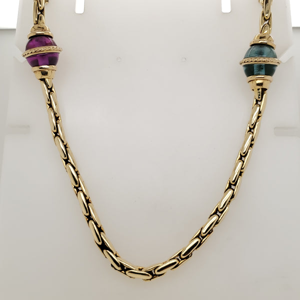 14Kt Yellow Gold 36"" Gem Stone Station Necklace