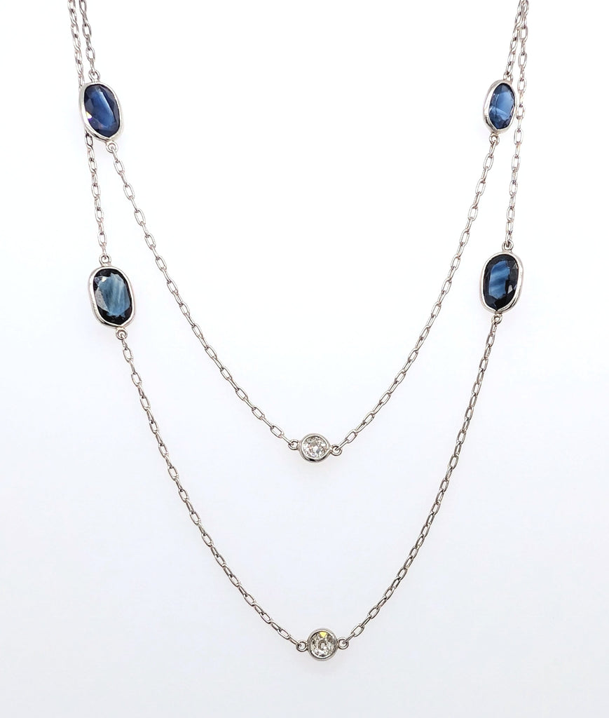 Platinum Oval Link Station Necklace with Oval Cut Blue Sapphires and Old European Cut Diamonds