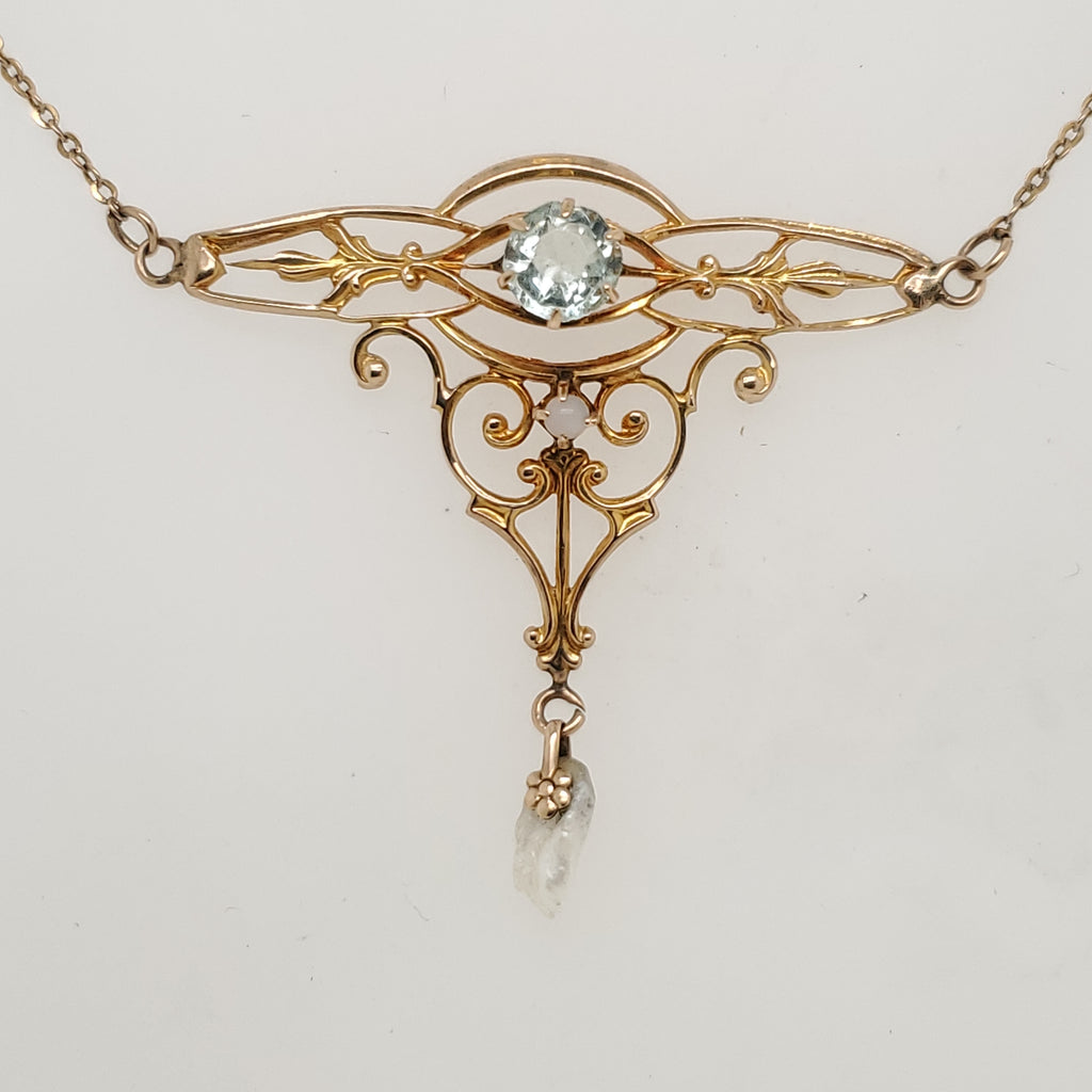Antique Victorian 14kt Yellow Gold Blue Topaz and Natural Pearl Necklace