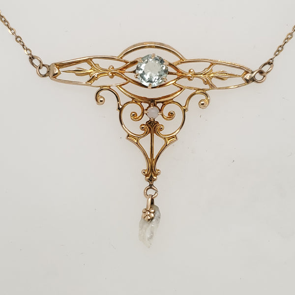 Antique Victorian 14kt Yellow Gold Blue Topaz and Natural Pearl Necklace