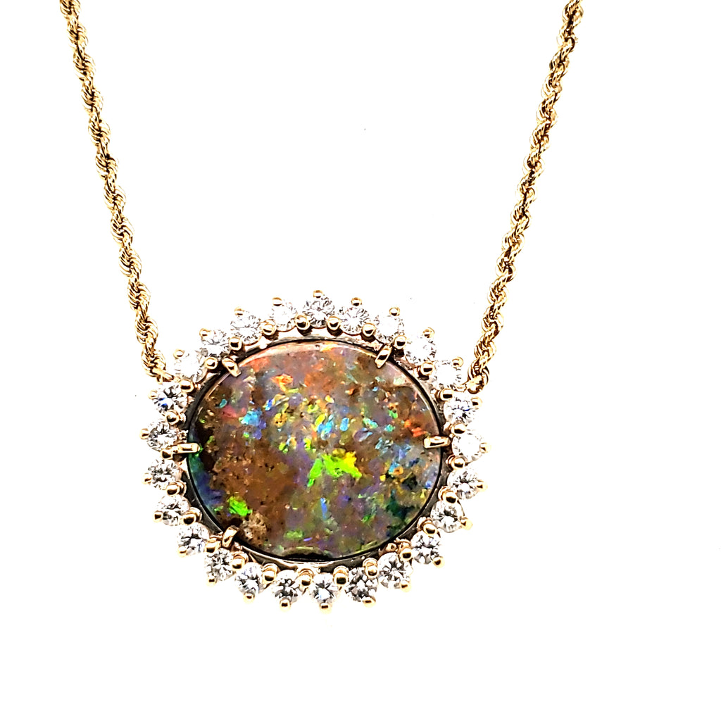 Vintage 14kt Yellow Gold Opal and Diamond Necklace