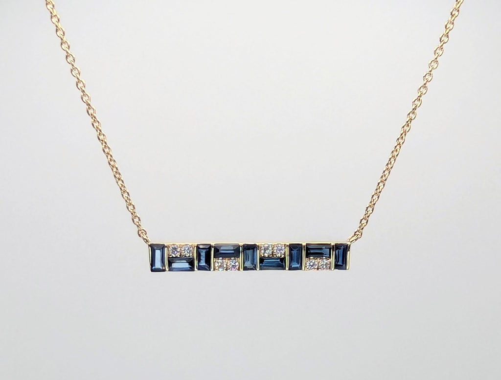 14K Yellow Gold Sapphire and Diamond Mosaic Bar Pendant Necklace