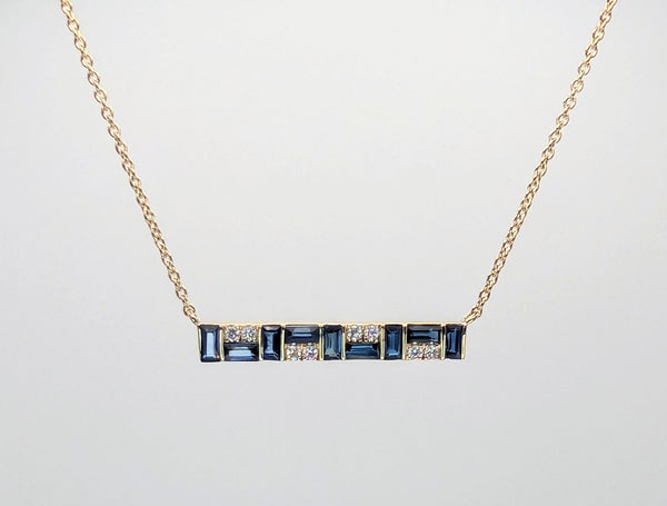 14K Yellow Gold Sapphire and Diamond Mosaic Bar Pendant Necklace