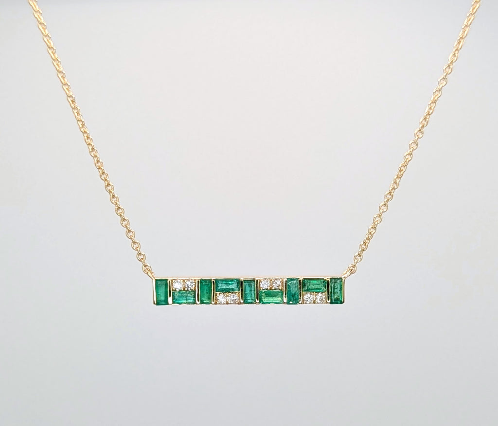 14K Yellow Gold Emerald and Diamond Mosaic Bar Pendant Necklace