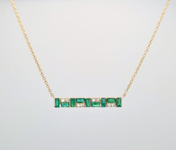 14K Yellow Gold Emerald and Diamond Mosaic Bar Pendant Necklace