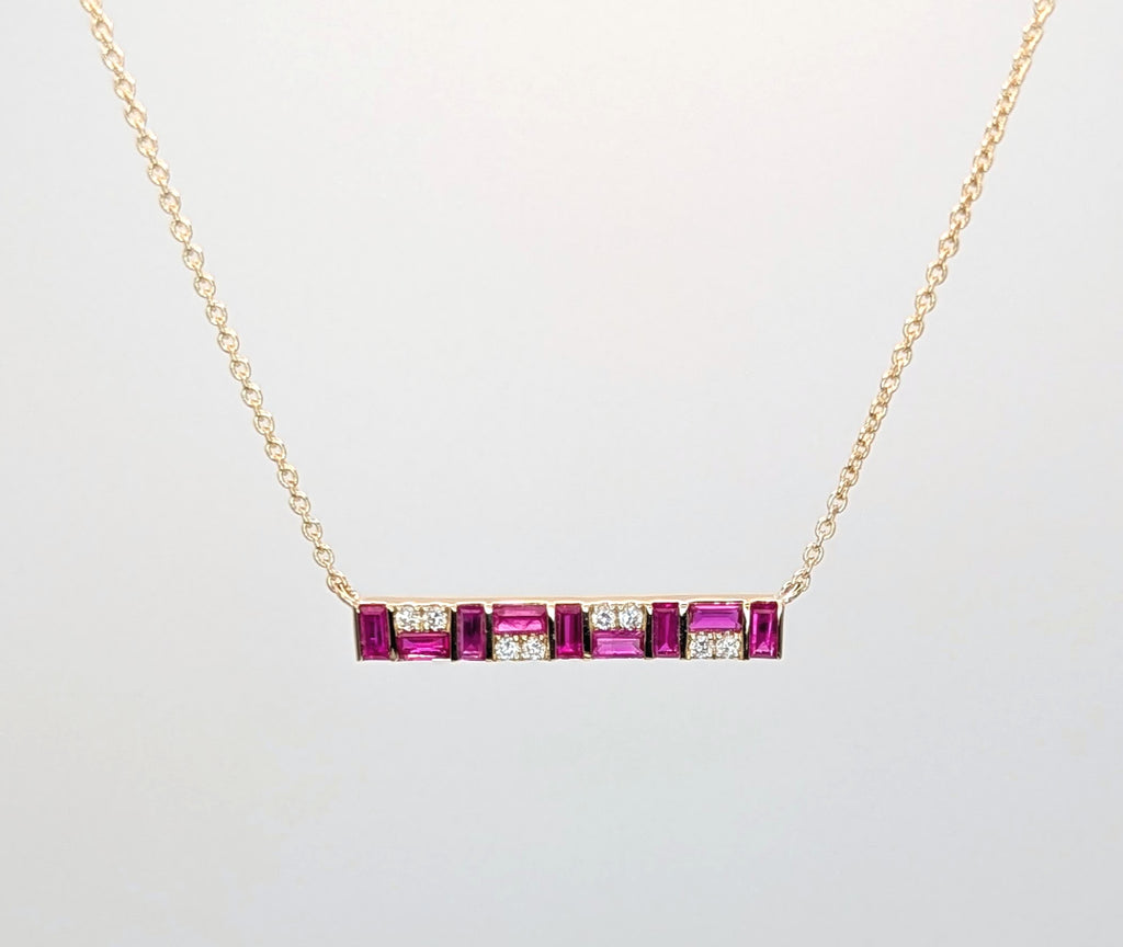 14K Yellow Gold Ruby and Diamond Mosaic Bar Pendant Necklace