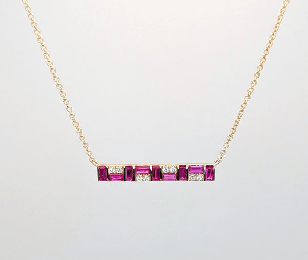14K Yellow Gold Ruby and Diamond Mosaic Bar Pendant Necklace