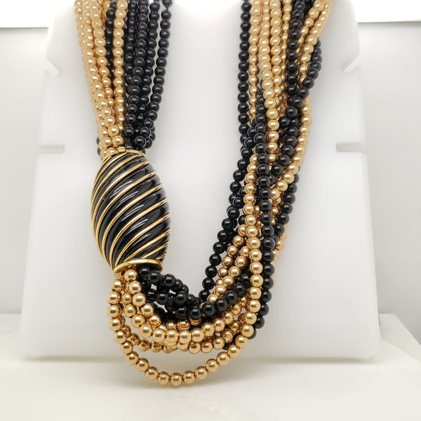 Vintage 14kt Yellow Gold and Onyx Bead Multi-strand Necklace