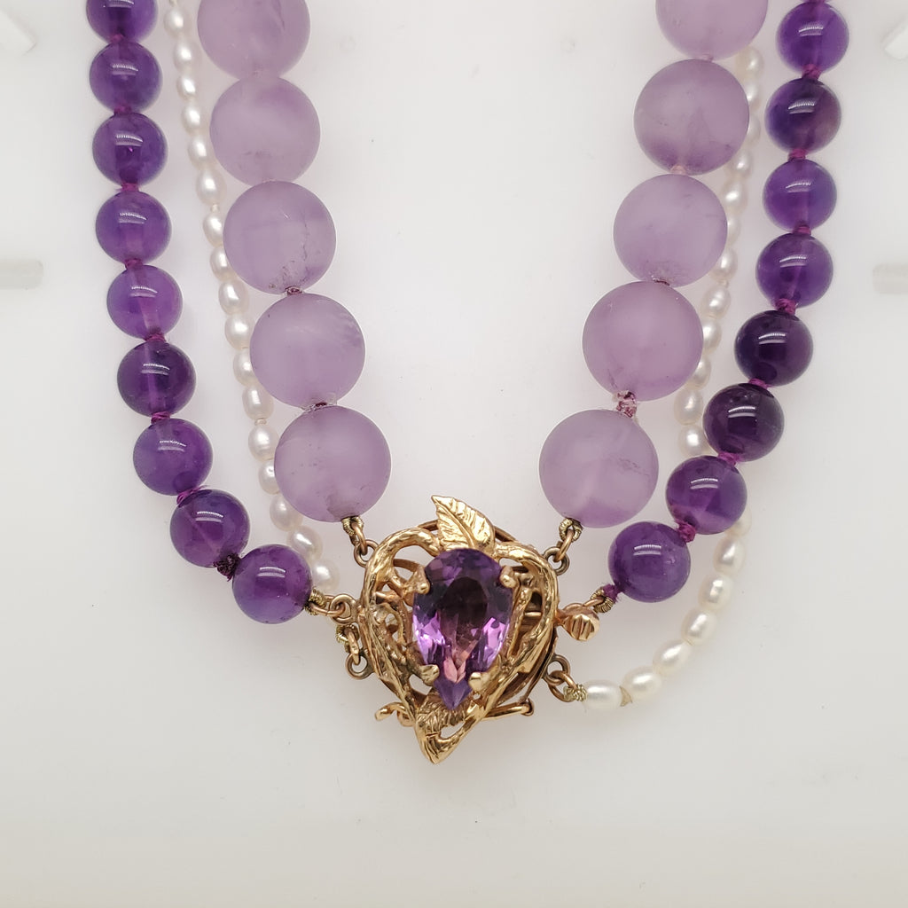 14kt Yellow Gold  Amethyst and Pearl Three Strand Necklace