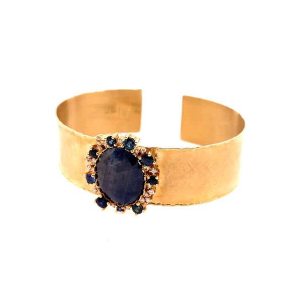 14Kt Yellow Gold Wide Sapphire And Diamond Bangle Bracelet