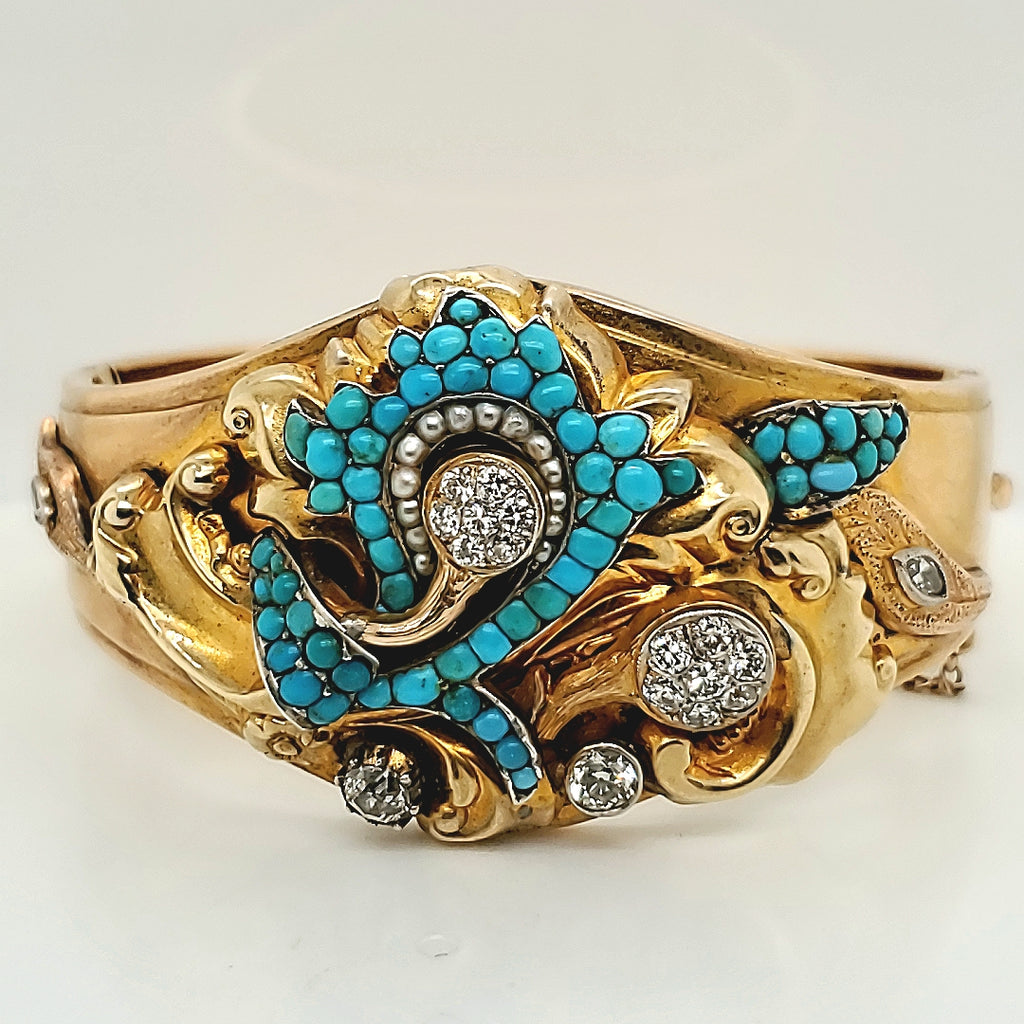 Antique Victorian 14Kt Yellow Gold Diamond And Turquoise Bangle Bracelet