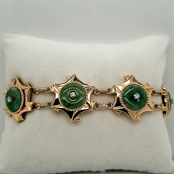Vintage 14kt Yellow Gold Jadeite Jade and Diamond Bracelet