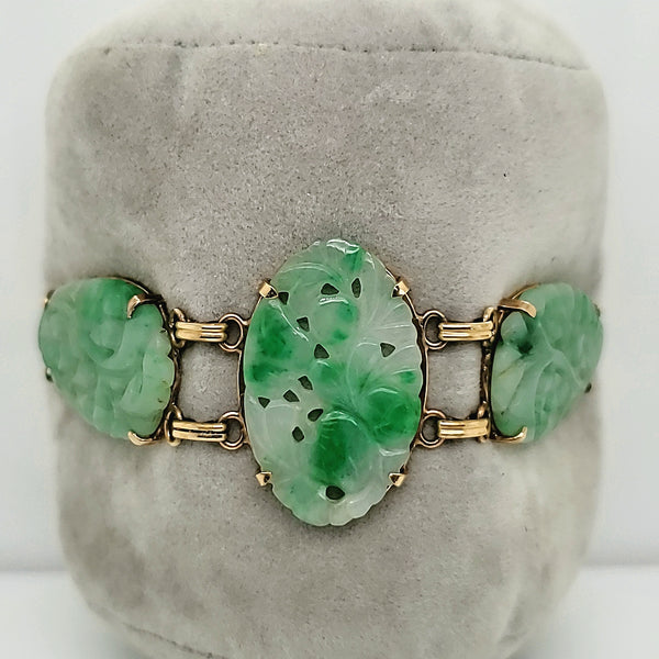 Art Deco 14kt Yellow Gold Jadeite Jade Bracelet