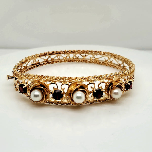 Vintage 14kt Yellow gold Pearl and Garnet Bangle Bracelet