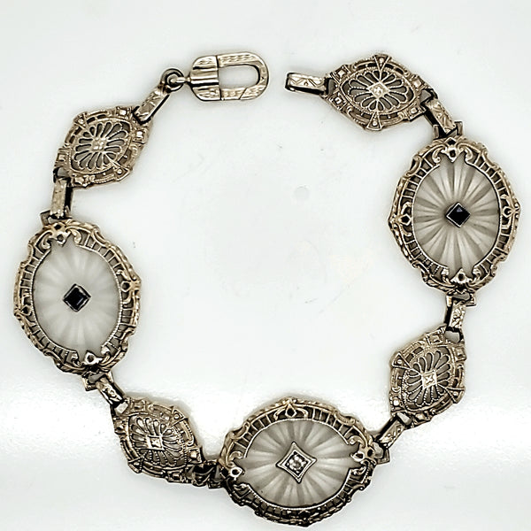 Art Deco 14kt White gold Camphor Glass Diamond and Sapphire Bracelet