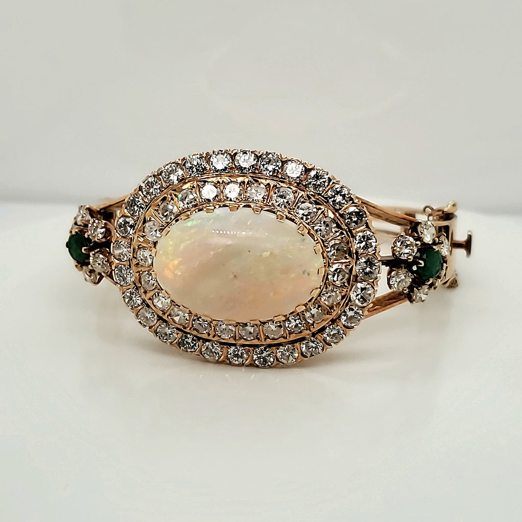 Vintage 14kt Yellow Gold Opal Emerald and Diamond Bangle Bracelet