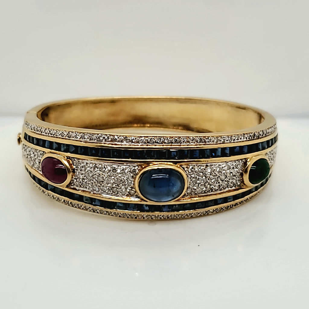18kt Yellow Gold Sapphire Ruby Emerald and Diamond Bangle Bracelet