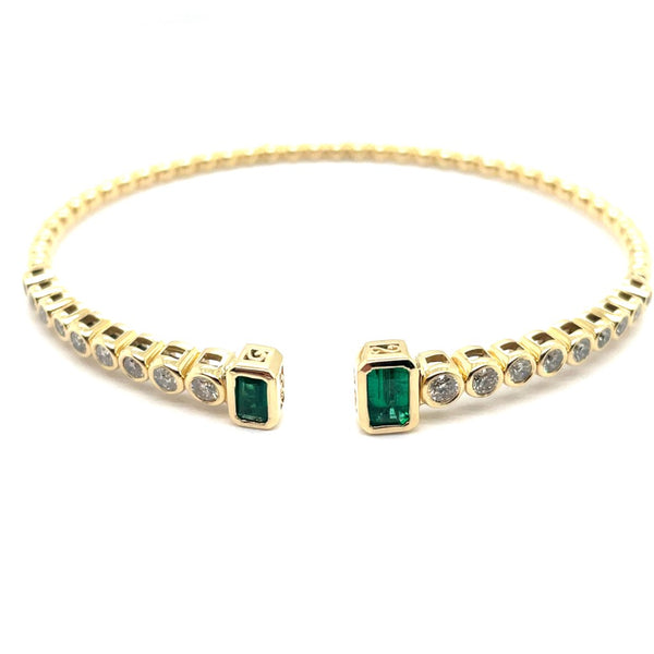 14kt Yellow Gold 1.48Ctw Flexible Emerald And Diamond Cuff Bangle Bracelet