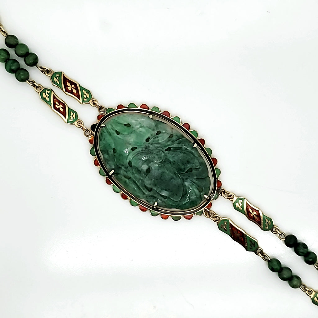 Art Deco 14kt Yellow Gold Carved Jadite Jade Green And Red Enamel Bracelet