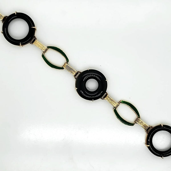Art Deco 14kt Yellow Gold Onyx and Green Enamel Bracelet