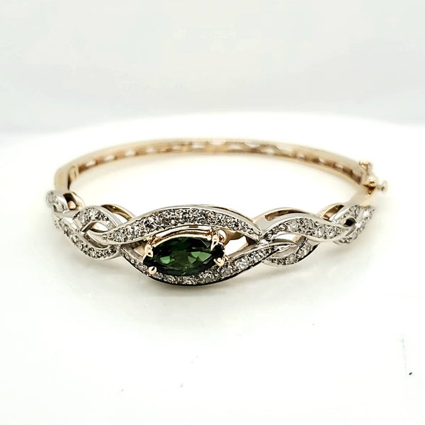 Vintage Mid-Century14kt Yellow Gold Green Tourmaline and Diamond Bangle Bracelet