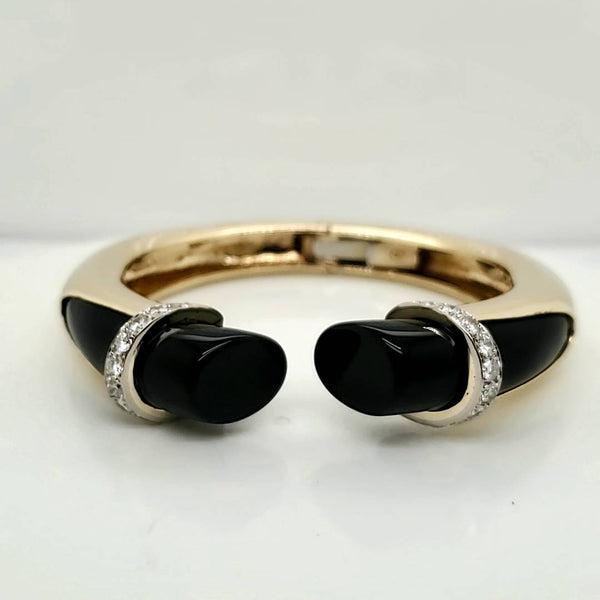 14Kt Yellow Gold Onyx And Diamond Bangle Bracelet