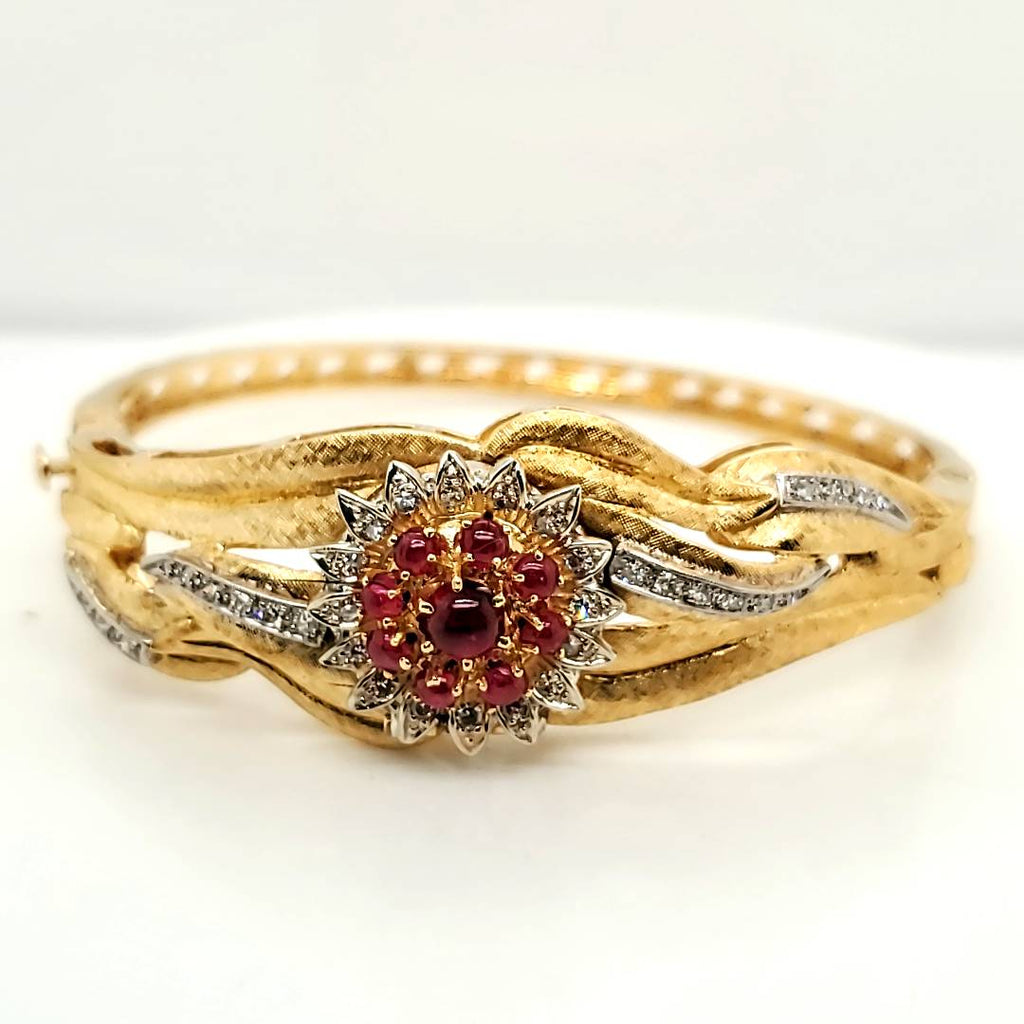 Vintage 18kt Yellow Gold Ruby and Diamond Bangle Bracelet