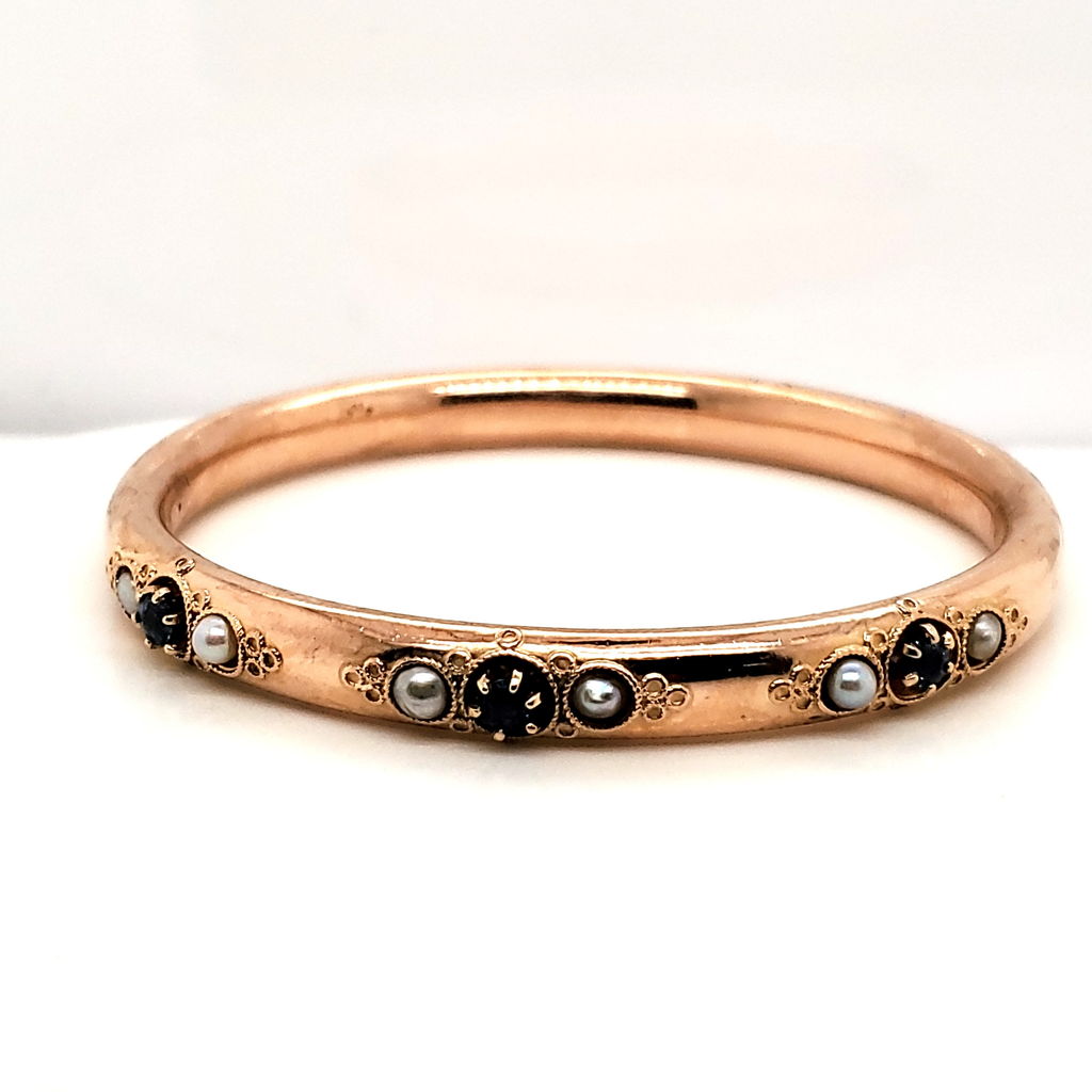 Antique Victorian 14kt Rose Gold Yogo Gulch Saphire and Pearl Bangle Bracelet