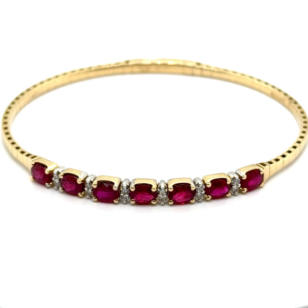 14kt Two Tone Alternating Ruby And Diamond Flexible Bangle Bracelet