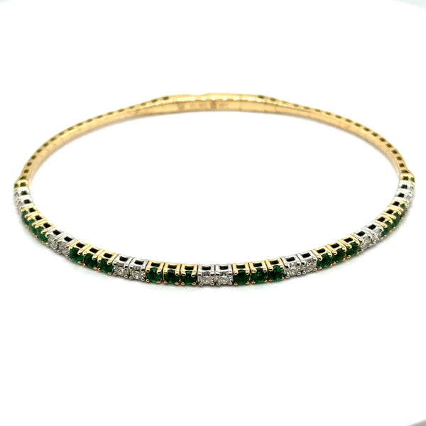 14kt Two Tone Alternating Emerald And Diamond Flexible Bangle Bracelet